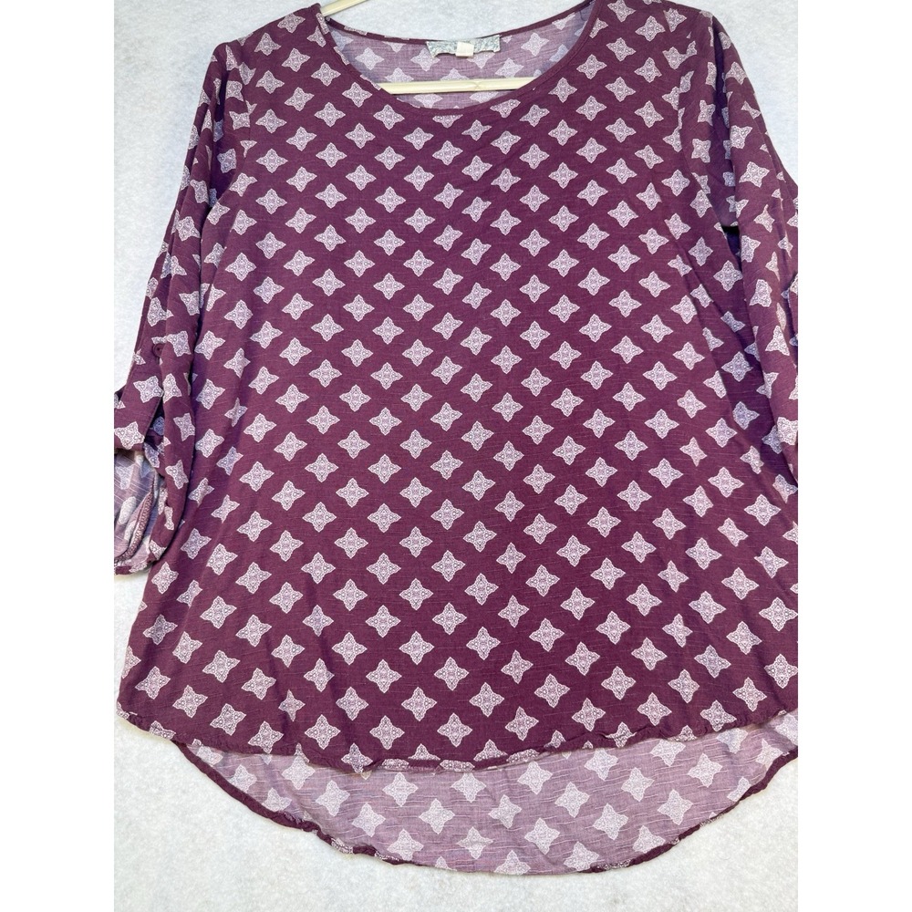 Pink Republic Purple Patterned Tunic‎ Blouse Women's Medium 3/4 Sleeve Hi Low